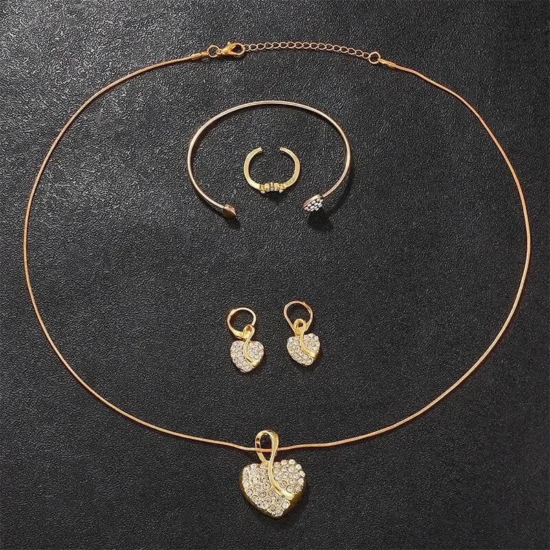 Women's Quartz Watch Gold Luxury Women Ring Necklace Earring Rhinestone Fashion Wristwatch Casual Ladies Watches Jewelry Set