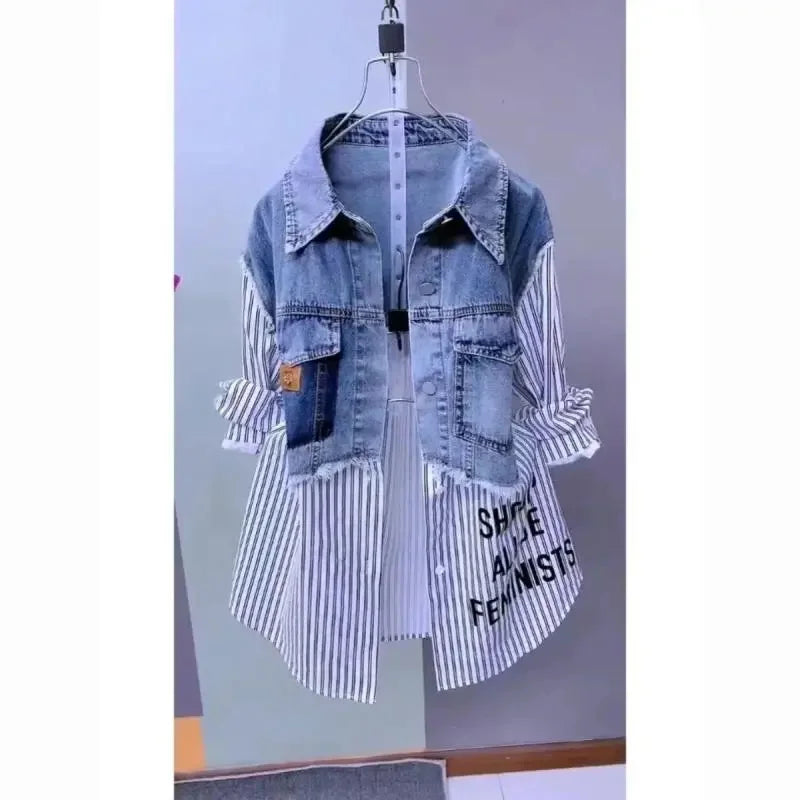 Fashion Striped Denim Jacket Women's Spring/Summer 2024 New Design Sense Stitching Women Jackets Temperament Coat Top