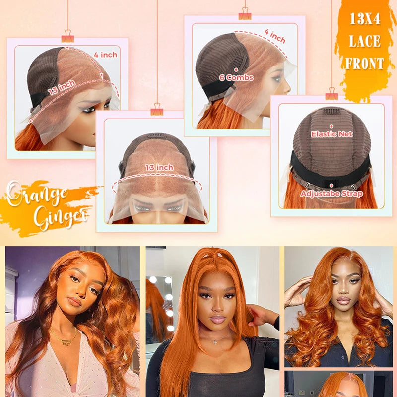 Ginger Orange 13x6 HD Lace Front Wigs Human Hair Body Wave 4×4 13x4 Human Hair Lace Frontal Wigs Transparent Lace Wig For Women