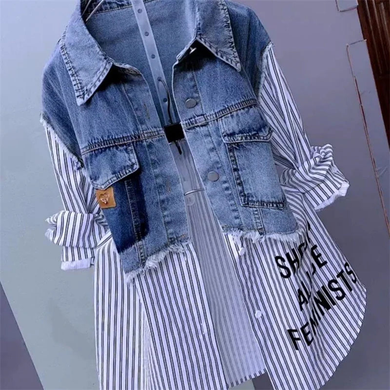 Fashion Striped Denim Jacket Women's Spring/Summer 2024 New Design Sense Stitching Women Jackets Temperament Coat Top